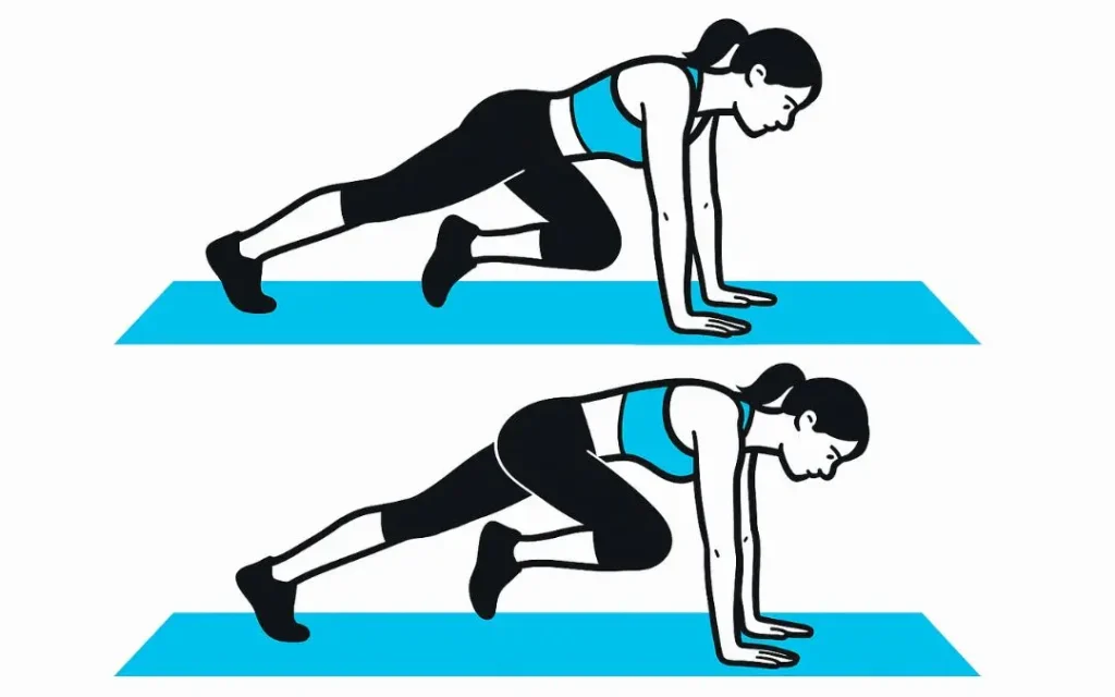 Illustration en deux temps d'une femme en position de planche réalisant un mountain climber, un genou ramené sous la poitrine